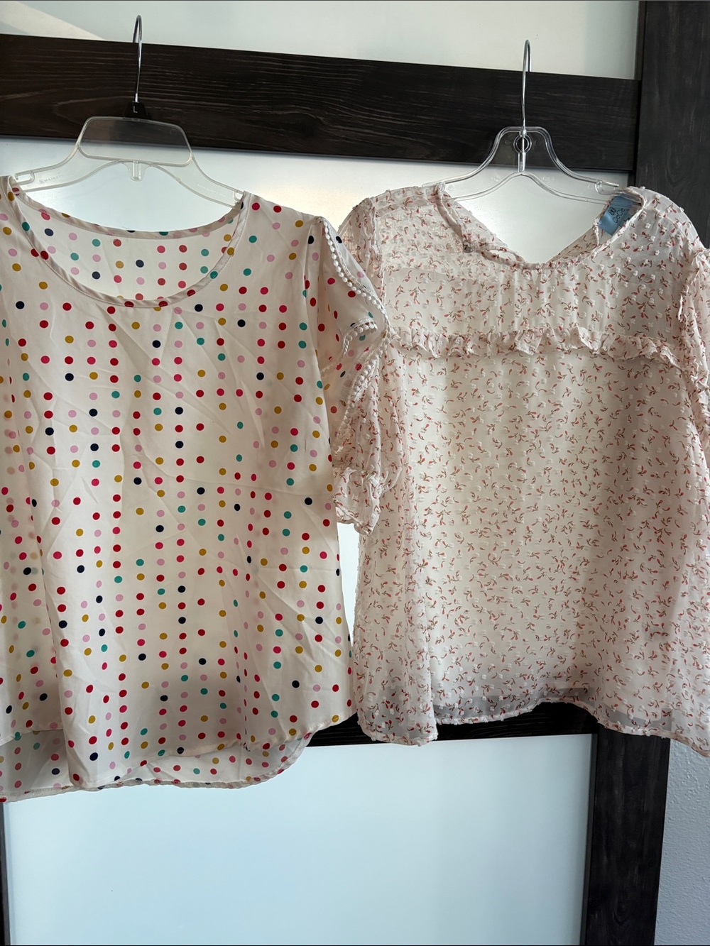 CeCe Pink Polka Dot Top & Pale Pink Floral Ruffle Blouse